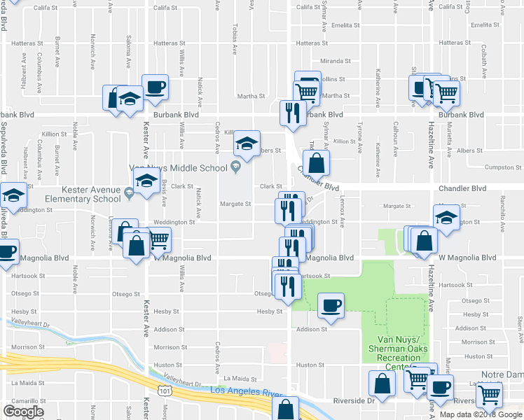 map of restaurants, bars, coffee shops, grocery stores, and more near 14553 Weddington Street in Los Angeles