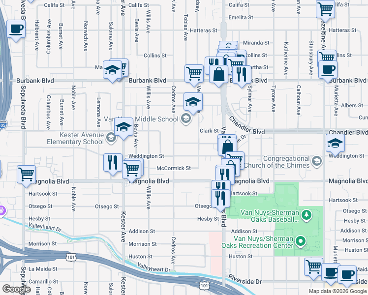 map of restaurants, bars, coffee shops, grocery stores, and more near 14633 Weddington Street in Los Angeles