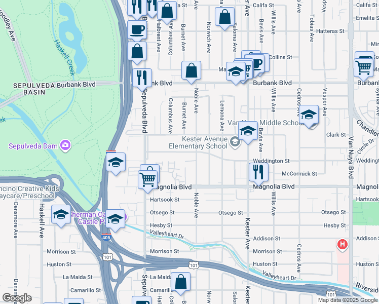 map of restaurants, bars, coffee shops, grocery stores, and more near 15118 Weddington Street in Los Angeles
