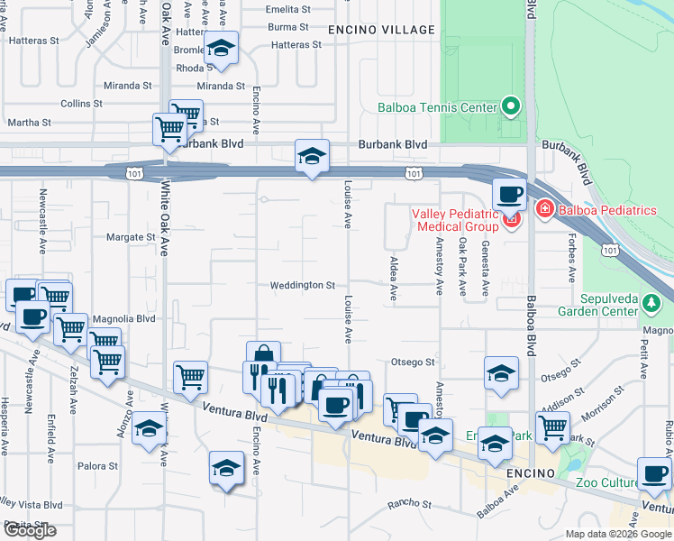 map of restaurants, bars, coffee shops, grocery stores, and more near 17319 Weddington Street in Los Angeles