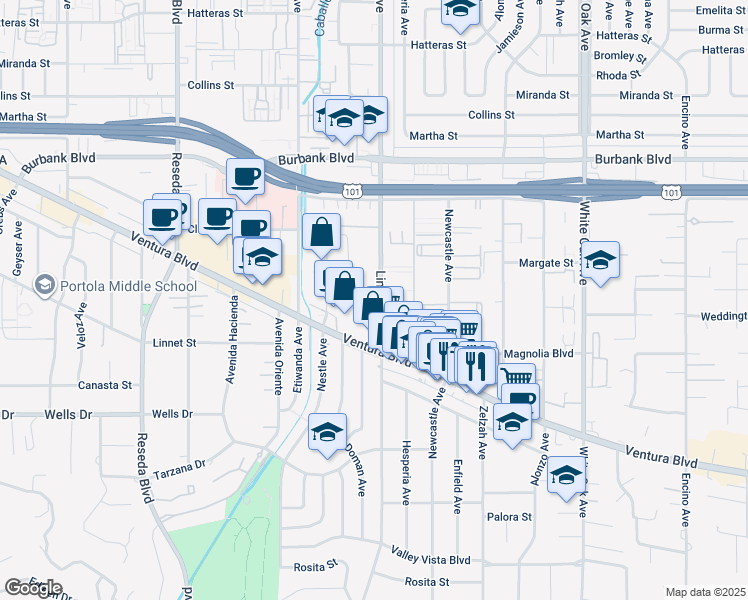 map of restaurants, bars, coffee shops, grocery stores, and more near 5292 Lindley Avenue in Los Angeles
