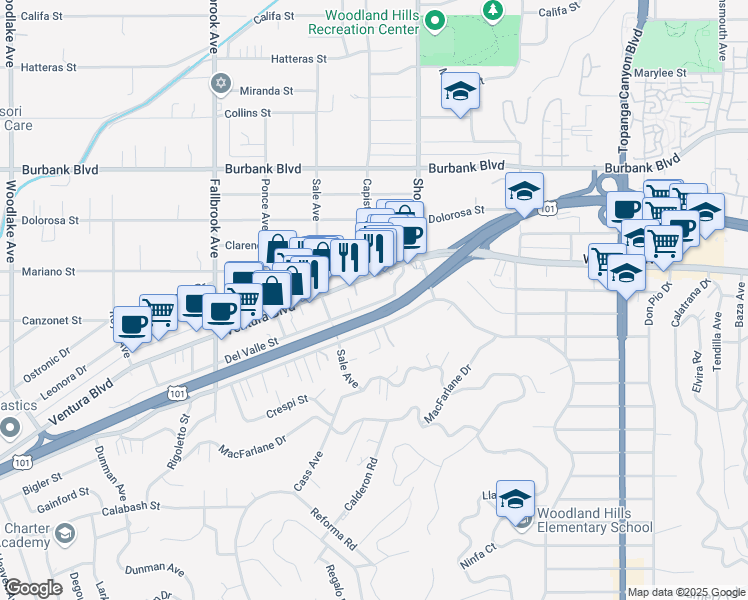 map of restaurants, bars, coffee shops, grocery stores, and more near 22515 Del Valle Street in Los Angeles