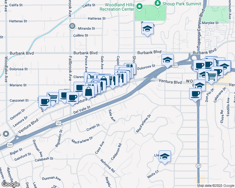 map of restaurants, bars, coffee shops, grocery stores, and more near 22515 Del Valle Street in Los Angeles