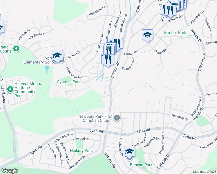 map of restaurants, bars, coffee shops, grocery stores, and more near 623 Astera Court in Thousand Oaks