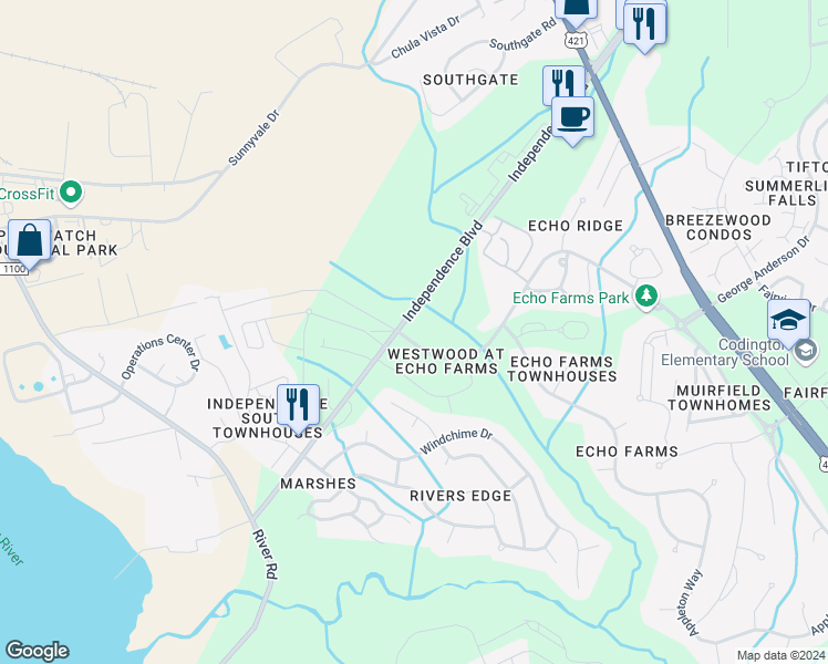map of restaurants, bars, coffee shops, grocery stores, and more near 3806 Echo Farms Boulevard in Wilmington