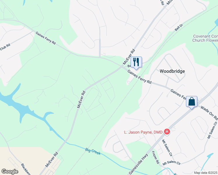 map of restaurants, bars, coffee shops, grocery stores, and more near 6694 Corryton Street in Flowery Branch