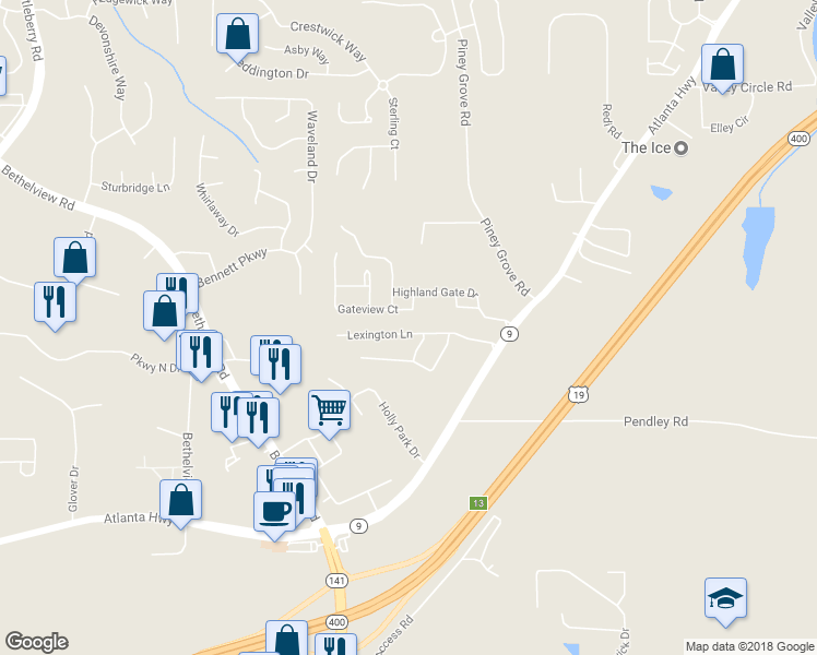 map of restaurants, bars, coffee shops, grocery stores, and more near 2150 Lexington Lane in Cumming