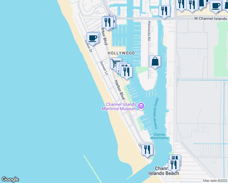 map of restaurants, bars, coffee shops, grocery stores, and more near 3645 Sunset Lane in Oxnard