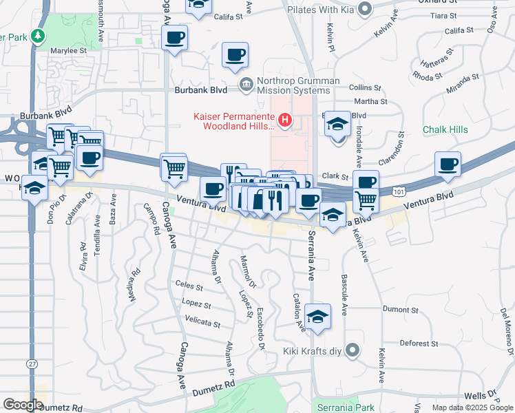 map of restaurants, bars, coffee shops, grocery stores, and more near 21031 Ventura Boulevard in Los Angeles