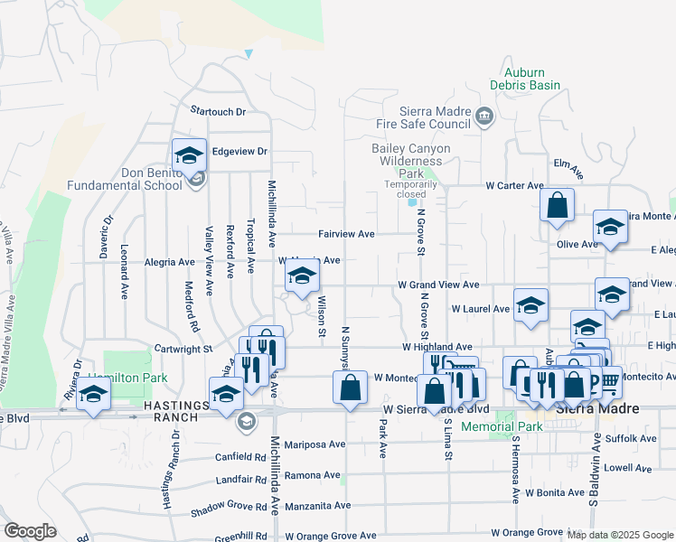 map of restaurants, bars, coffee shops, grocery stores, and more near 313 North Sunnyside Avenue in Sierra Madre