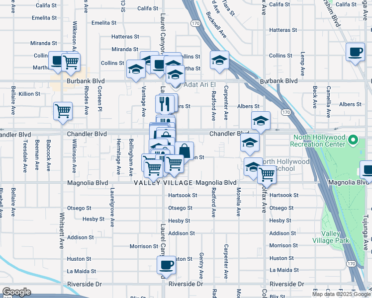 map of restaurants, bars, coffee shops, grocery stores, and more near 5308 Agnes Avenue in Los Angeles