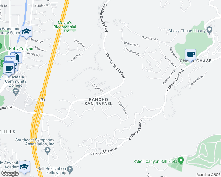 map of restaurants, bars, coffee shops, grocery stores, and more near 1942 Caminito de la Valle in Glendale