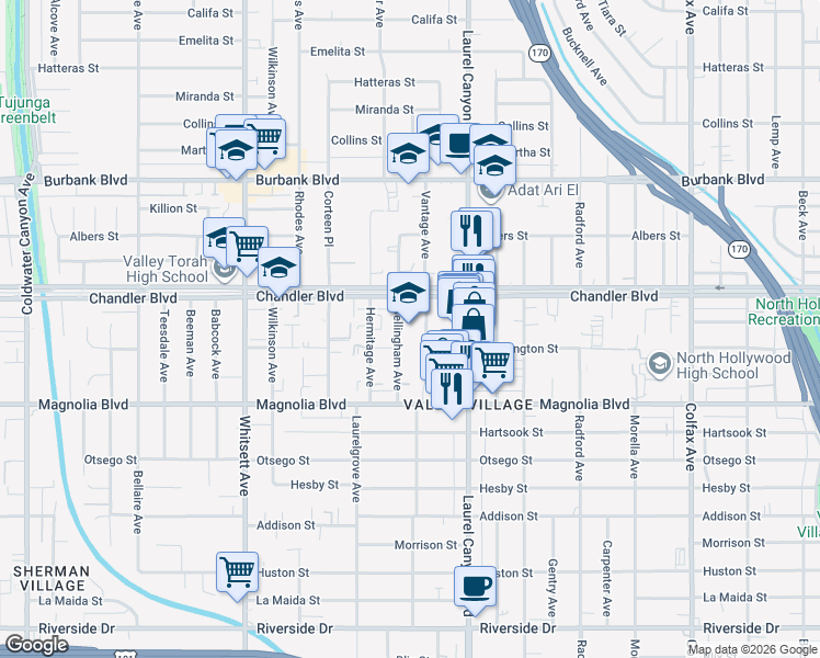 map of restaurants, bars, coffee shops, grocery stores, and more near in Los Angeles