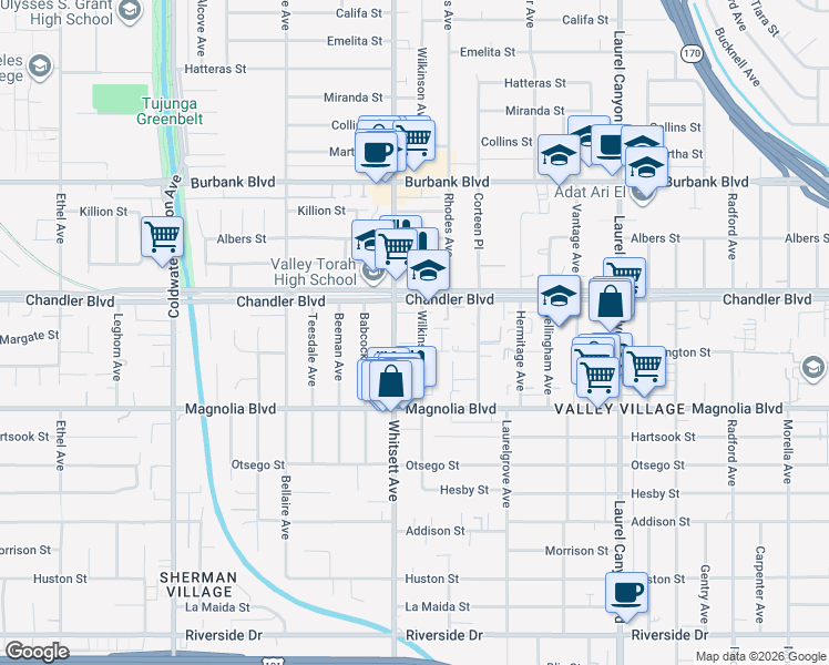 map of restaurants, bars, coffee shops, grocery stores, and more near 5327 Wilkinson Avenue in Los Angeles