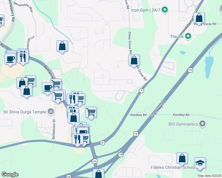 map of restaurants, bars, coffee shops, grocery stores, and more near 2180 Lexington Lane in Cumming