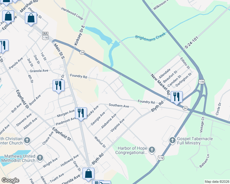 map of restaurants, bars, coffee shops, grocery stores, and more near 498 Foundry Road in Greenwood