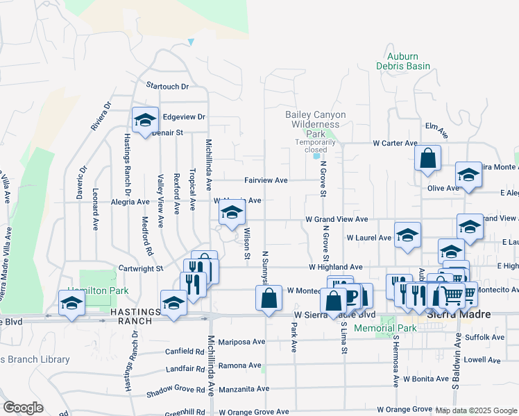 map of restaurants, bars, coffee shops, grocery stores, and more near 313 North Sunnyside Avenue in Sierra Madre