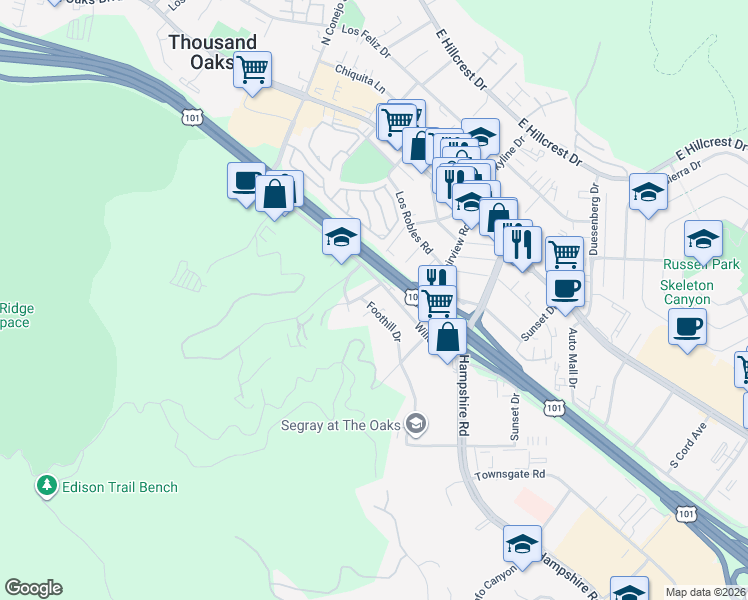 map of restaurants, bars, coffee shops, grocery stores, and more near 2905 Foothill Drive in Thousand Oaks