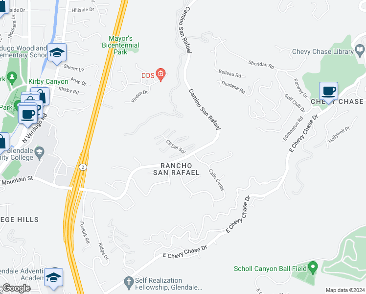 map of restaurants, bars, coffee shops, grocery stores, and more near 1905 Caminito de la Valle in Glendale