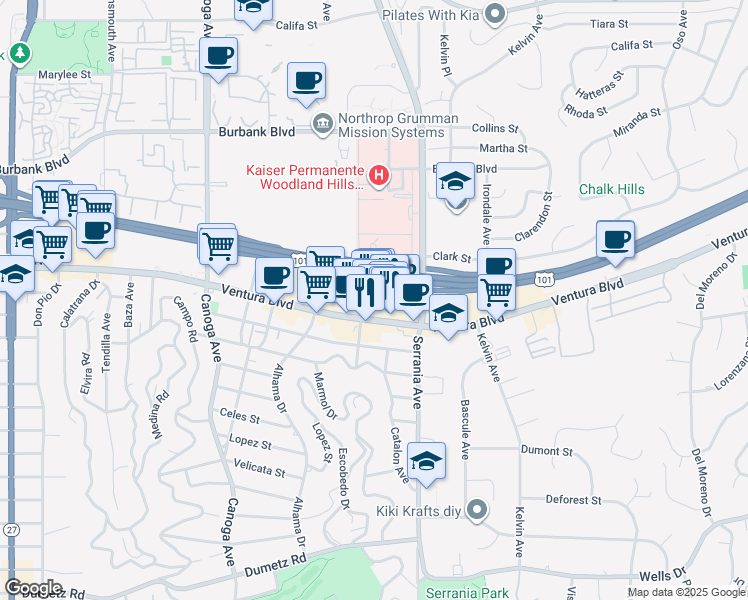 map of restaurants, bars, coffee shops, grocery stores, and more near 20929 Ventura Boulevard in Los Angeles