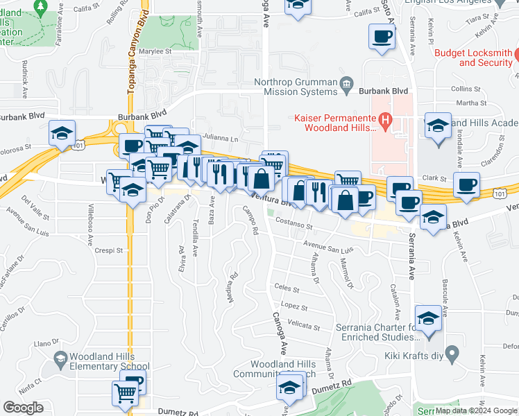 map of restaurants, bars, coffee shops, grocery stores, and more near 5353 Canoga Avenue in Los Angeles