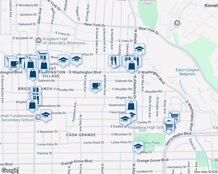 map of restaurants, bars, coffee shops, grocery stores, and more near 2345 East Woodlyn Road in Pasadena
