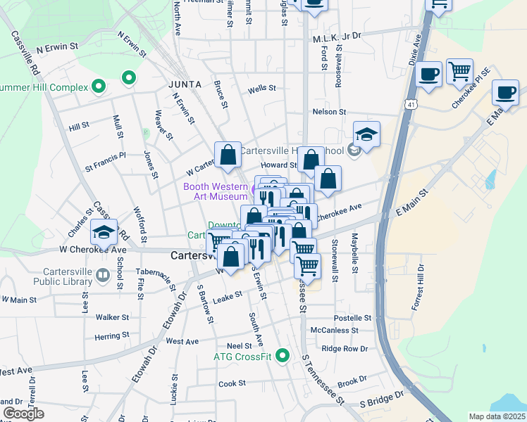 map of restaurants, bars, coffee shops, grocery stores, and more near 4 East Church Street in Acworth