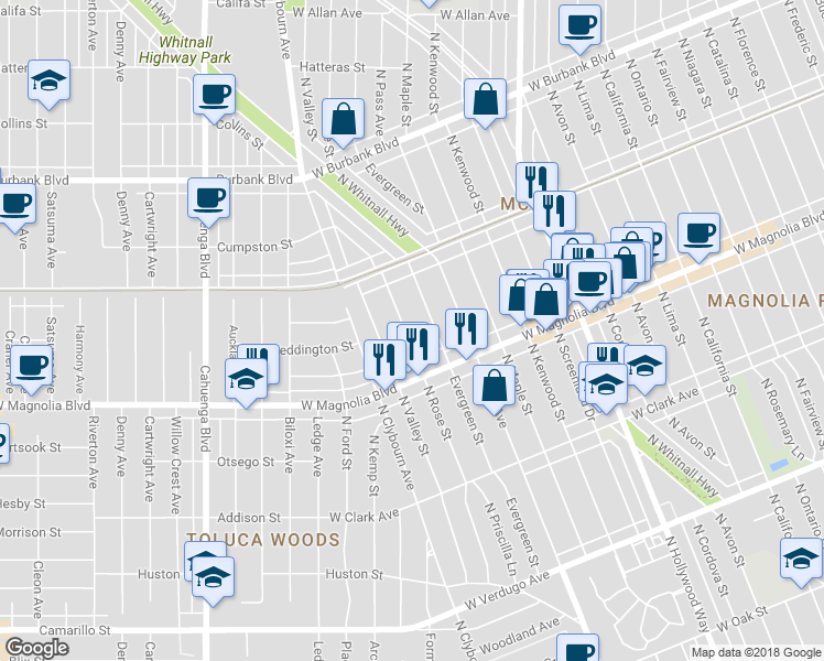map of restaurants, bars, coffee shops, grocery stores, and more near 1040 North Rose Street in Burbank