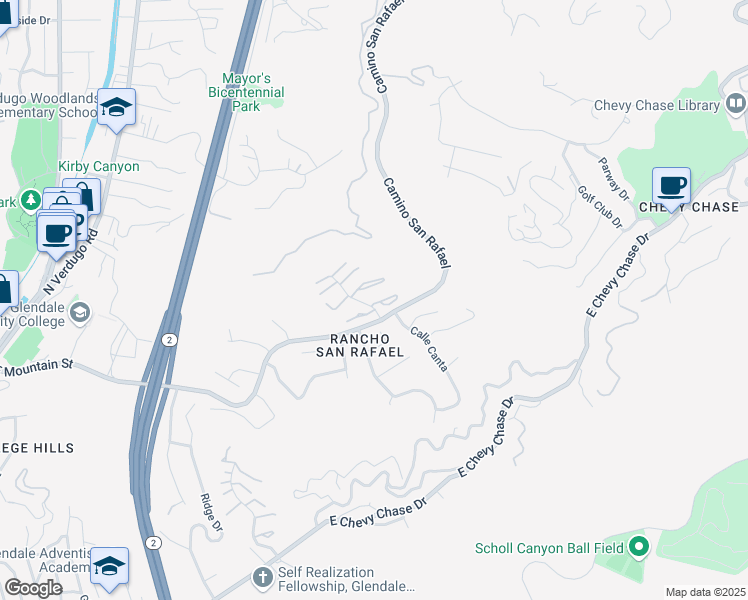 map of restaurants, bars, coffee shops, grocery stores, and more near 1905 Caminito de la Valle in Glendale