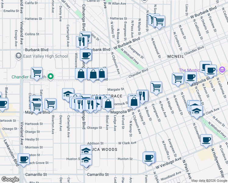 map of restaurants, bars, coffee shops, grocery stores, and more near 10404 Margate Street in Los Angeles