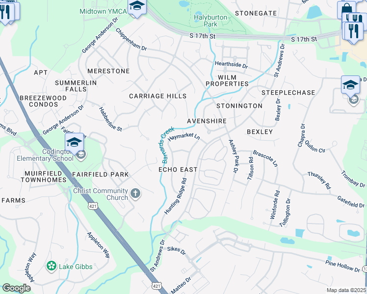 map of restaurants, bars, coffee shops, grocery stores, and more near 4411 Leatherwood Drive in Wilmington