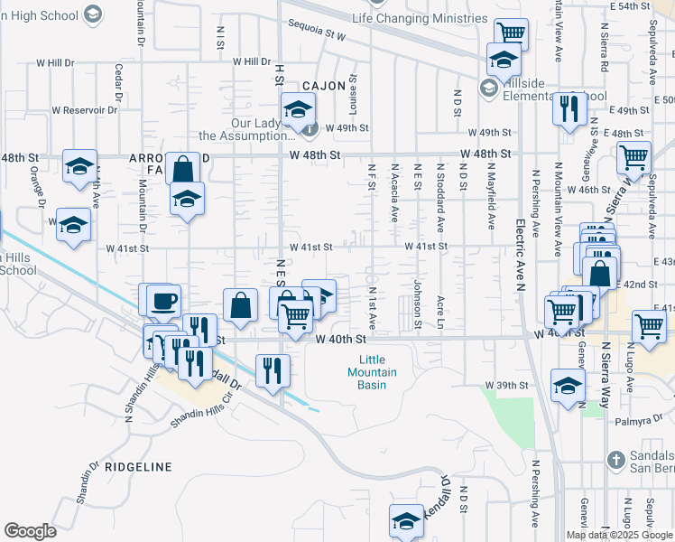map of restaurants, bars, coffee shops, grocery stores, and more near Cottage Drive in San Bernardino