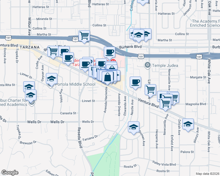 map of restaurants, bars, coffee shops, grocery stores, and more near 5246 Avenida Hacienda in Los Angeles
