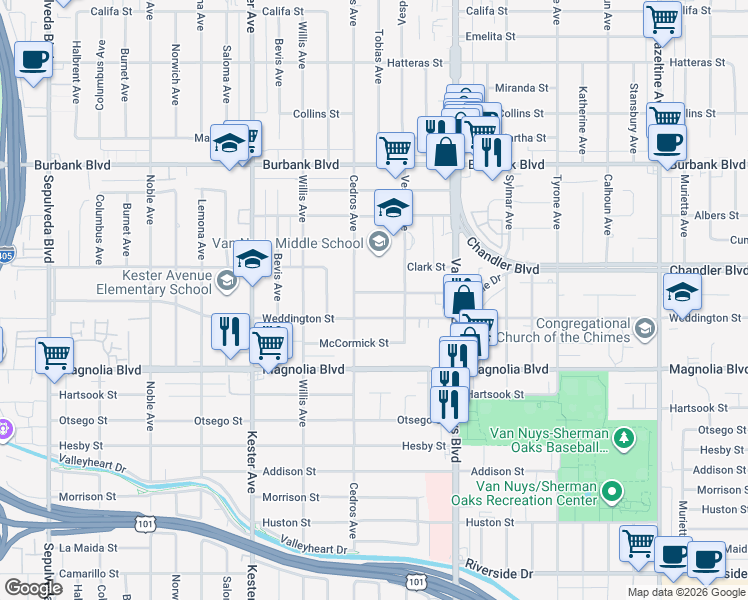 map of restaurants, bars, coffee shops, grocery stores, and more near 14633 Weddington Street in Los Angeles