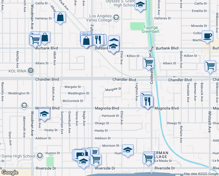 map of restaurants, bars, coffee shops, grocery stores, and more near 13149 Margate Street in Los Angeles
