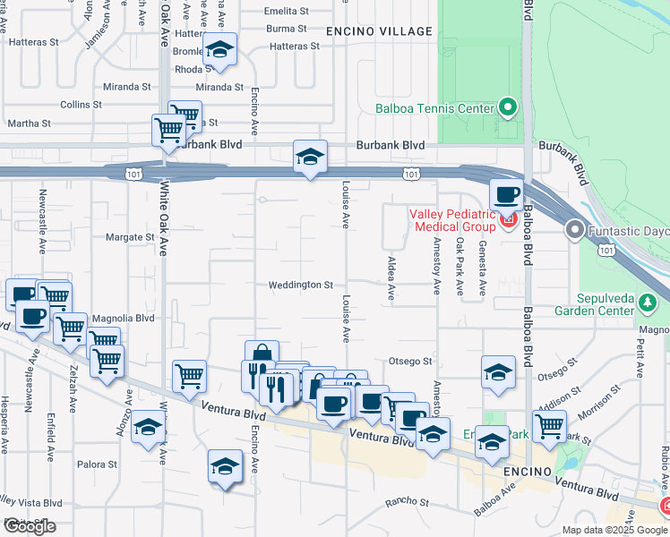 map of restaurants, bars, coffee shops, grocery stores, and more near 17319 Weddington Street in Los Angeles