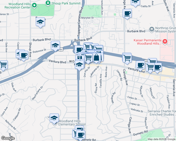 map of restaurants, bars, coffee shops, grocery stores, and more near 5323 Calatrana Drive in Los Angeles