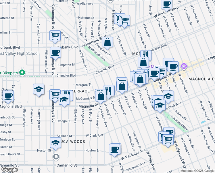 map of restaurants, bars, coffee shops, grocery stores, and more near 1040 North Rose Street in Burbank