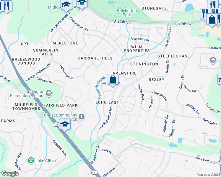 map of restaurants, bars, coffee shops, grocery stores, and more near 4411 Leatherwood Drive in Wilmington