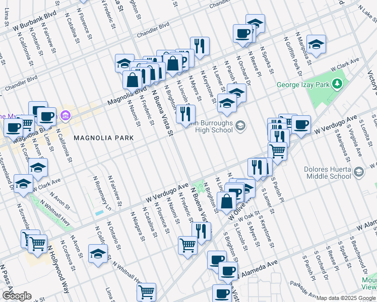 map of restaurants, bars, coffee shops, grocery stores, and more near 405 North Brighton Street in Burbank