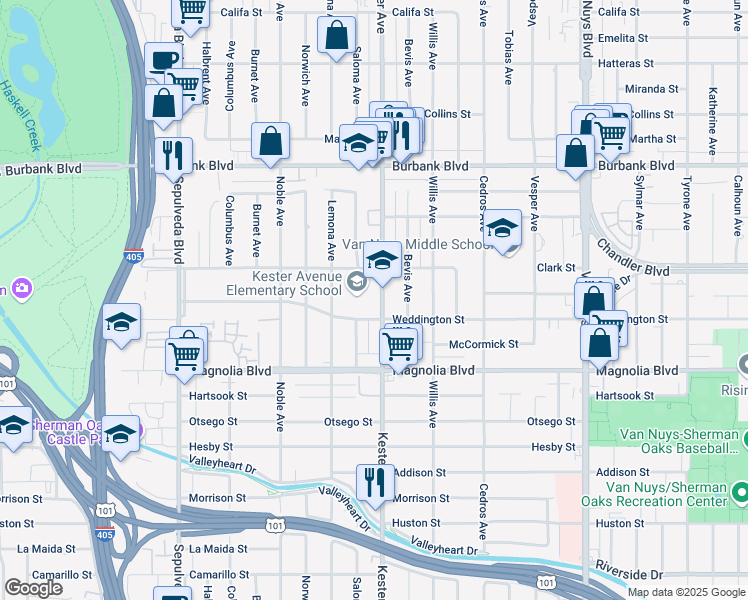 map of restaurants, bars, coffee shops, grocery stores, and more near 5347 Kester Avenue in Los Angeles
