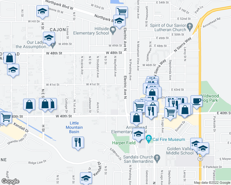 map of restaurants, bars, coffee shops, grocery stores, and more near 345 West 41st Street in San Bernardino