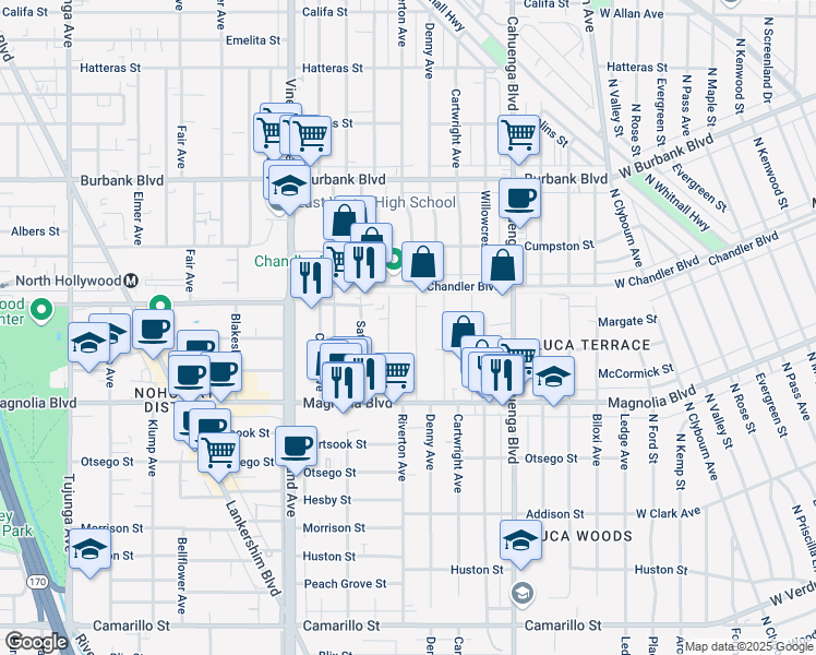 map of restaurants, bars, coffee shops, grocery stores, and more near 5314 Riverton Avenue in Los Angeles