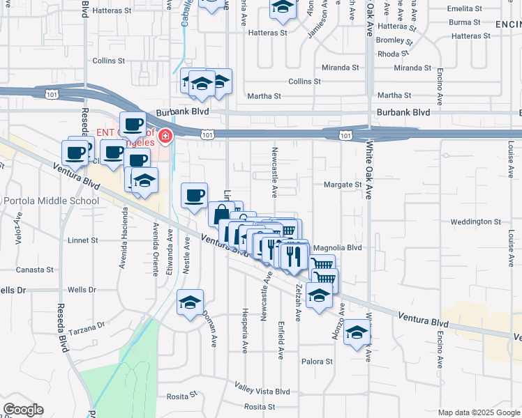 map of restaurants, bars, coffee shops, grocery stores, and more near 5301 Newcastle Avenue in Los Angeles
