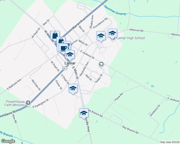 map of restaurants, bars, coffee shops, grocery stores, and more near 208A Adams Circle in Lamar