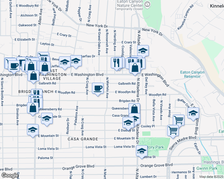 map of restaurants, bars, coffee shops, grocery stores, and more near 2345 East Woodlyn Road in Pasadena