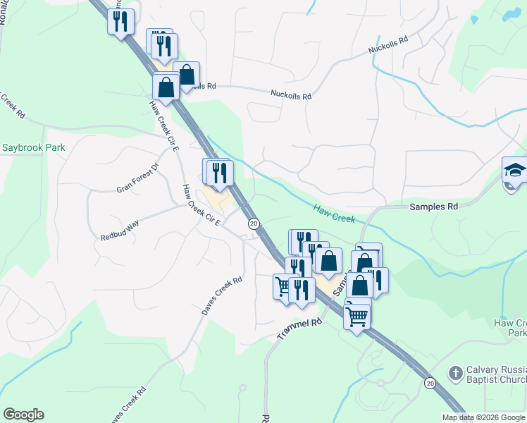 map of restaurants, bars, coffee shops, grocery stores, and more near 1419 Buford Highway in Cumming