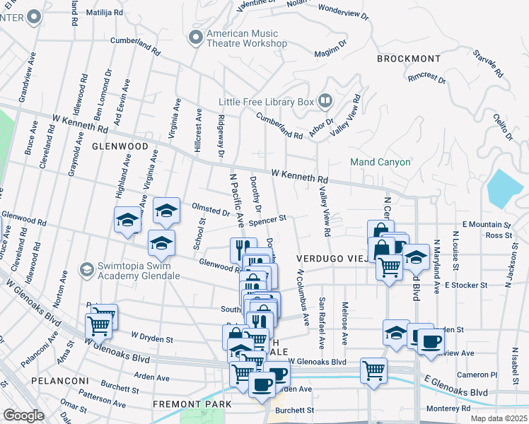 map of restaurants, bars, coffee shops, grocery stores, and more near Dorothy Drive in Glendale