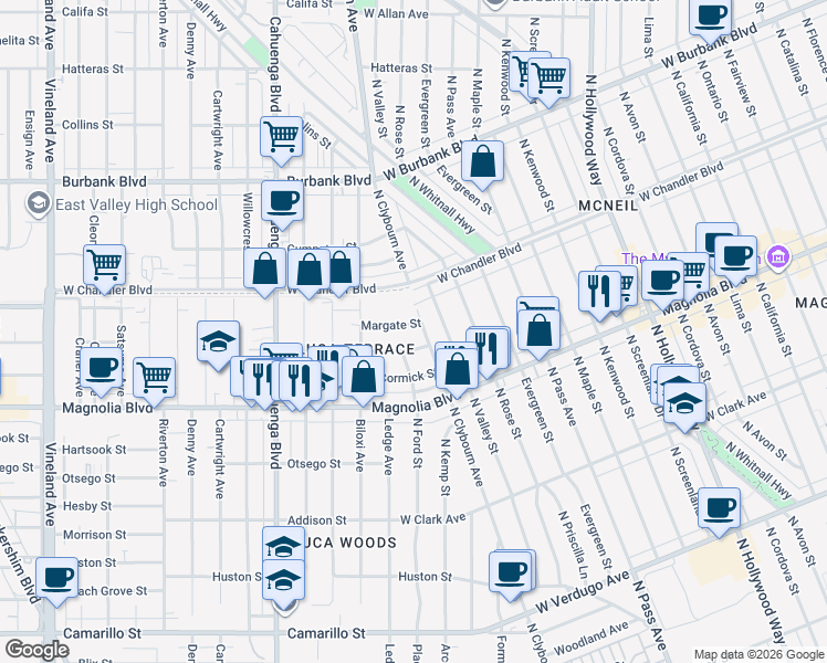 map of restaurants, bars, coffee shops, grocery stores, and more near 10327 Weddington Street in Los Angeles