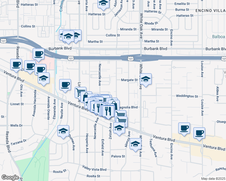 map of restaurants, bars, coffee shops, grocery stores, and more near 5315 Zelzah Avenue in Los Angeles